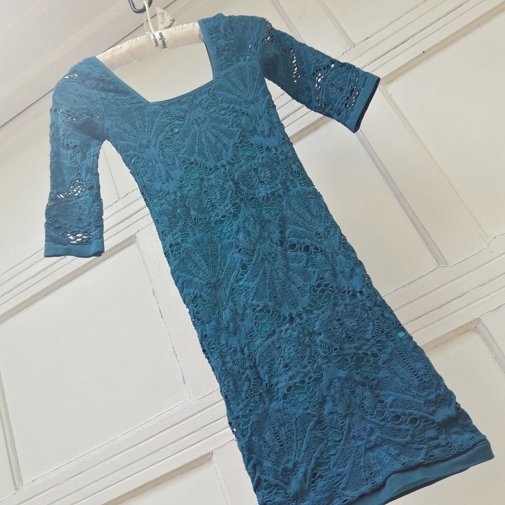 Free People Crochet Slip Dress Lace Body Con Teal Turquoise Stretch Fit Lacy XS